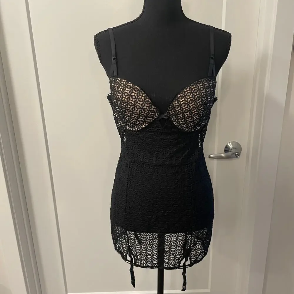 Victoria Secret women's lace bustier 36C slip lingerie garter dress nightwear